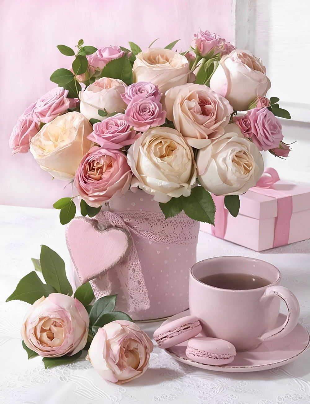 Roses et la Tasse Rose Broderie Diamant