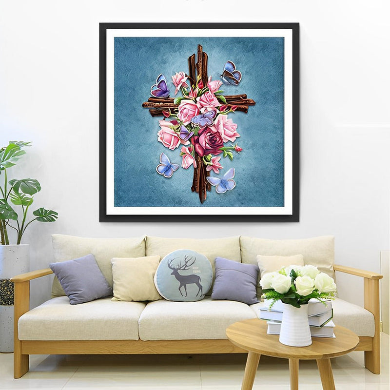 Roses et Papillons sur un Croix Christianisme Broderie Diamant