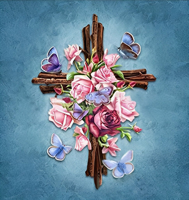 Roses et Papillons sur un Croix Christianisme Broderie Diamant
