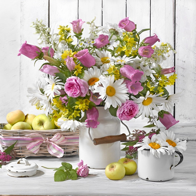 Roses et Petits Chrysanthèmes Blancs Broderie Diamant