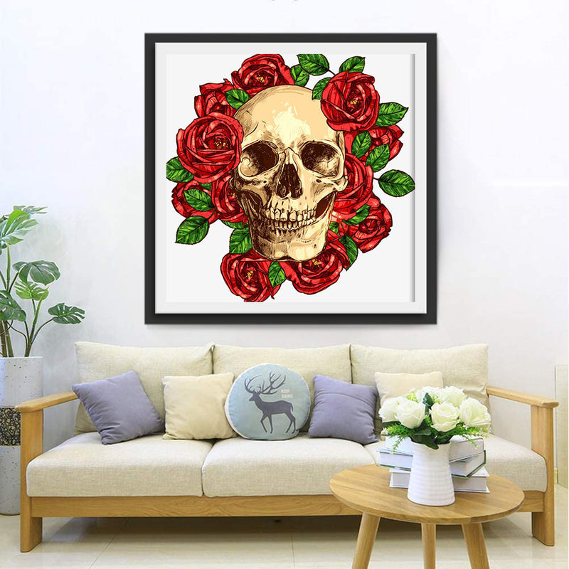 Roses Rouges autour de Crâne Broderie Diamant