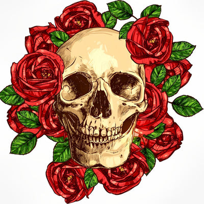 Roses Rouges autour de Crâne Broderie Diamant