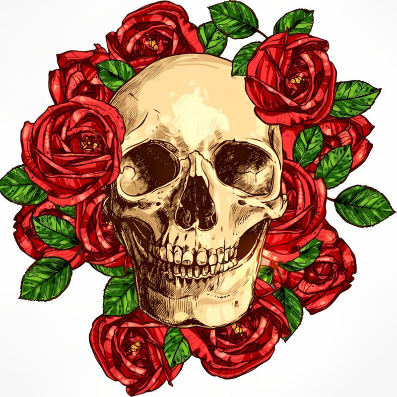 Roses Rouges autour de Crâne Broderie Diamant