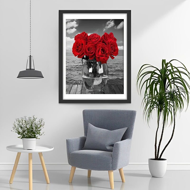 Roses Rouges et la Mer Broderie Diamant