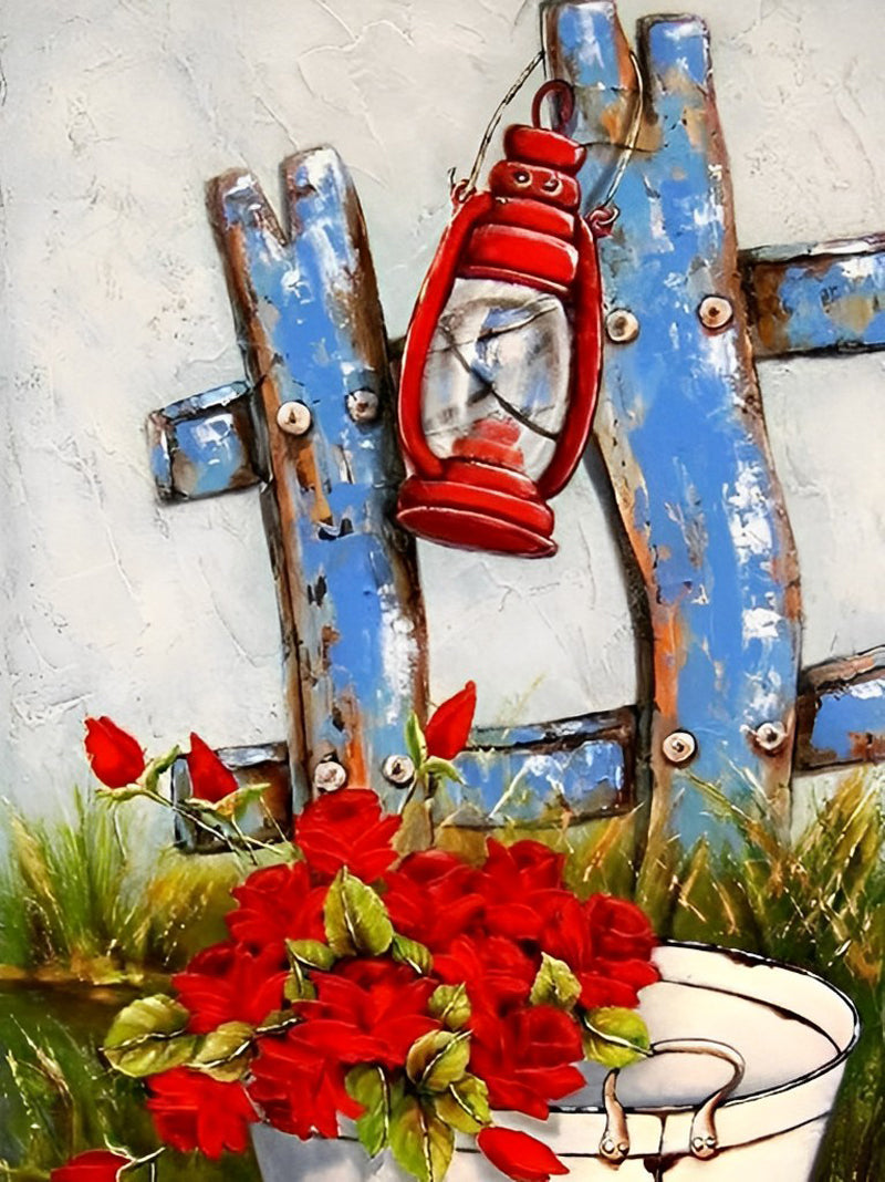 Roses Rouges et Lampe à Huile Broderie Diamant