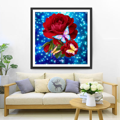 Roses Rouges et Papillons Colorés Broderie Diamant