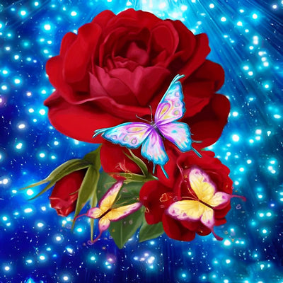 Roses Rouges et Papillons Colorés Broderie Diamant