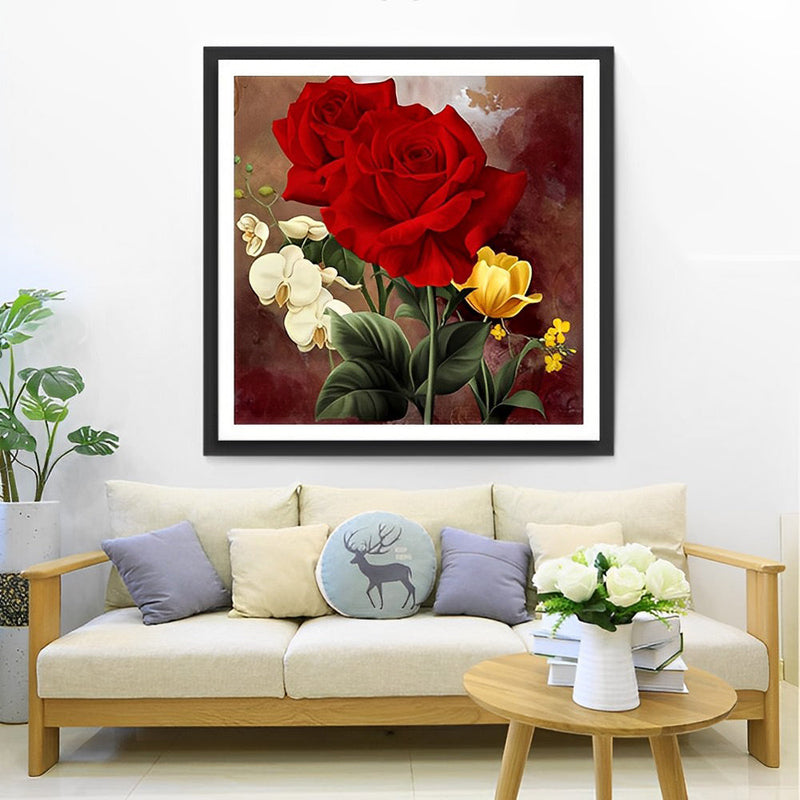 Roses Rouges et Petites Roses Blanches et Jaunes Broderie Diamant