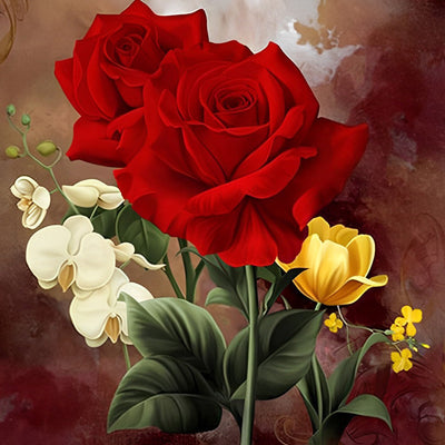 Roses Rouges et Petites Roses Blanches et Jaunes Broderie Diamant