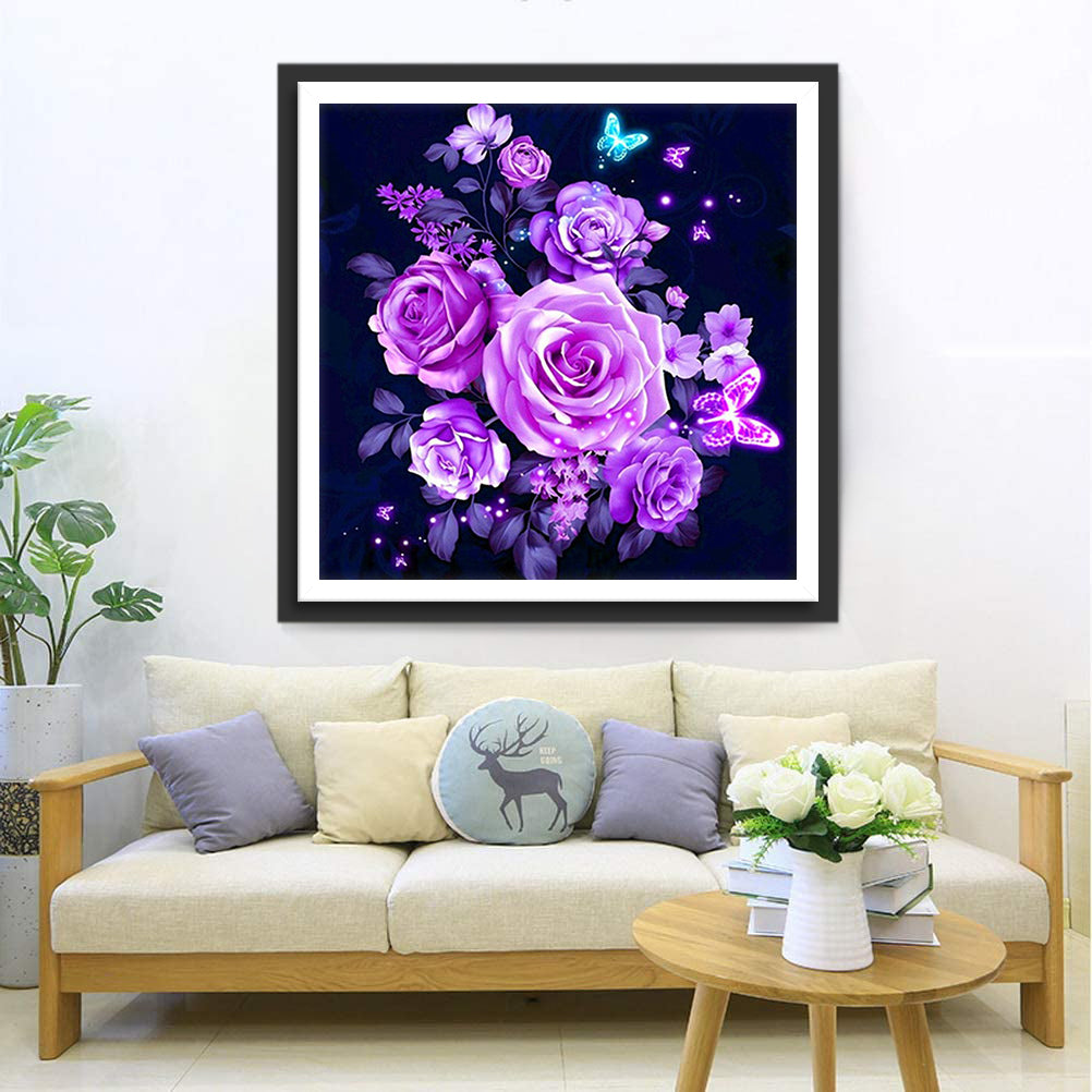 Roses Violettes et Pappillons Broderie Diamant