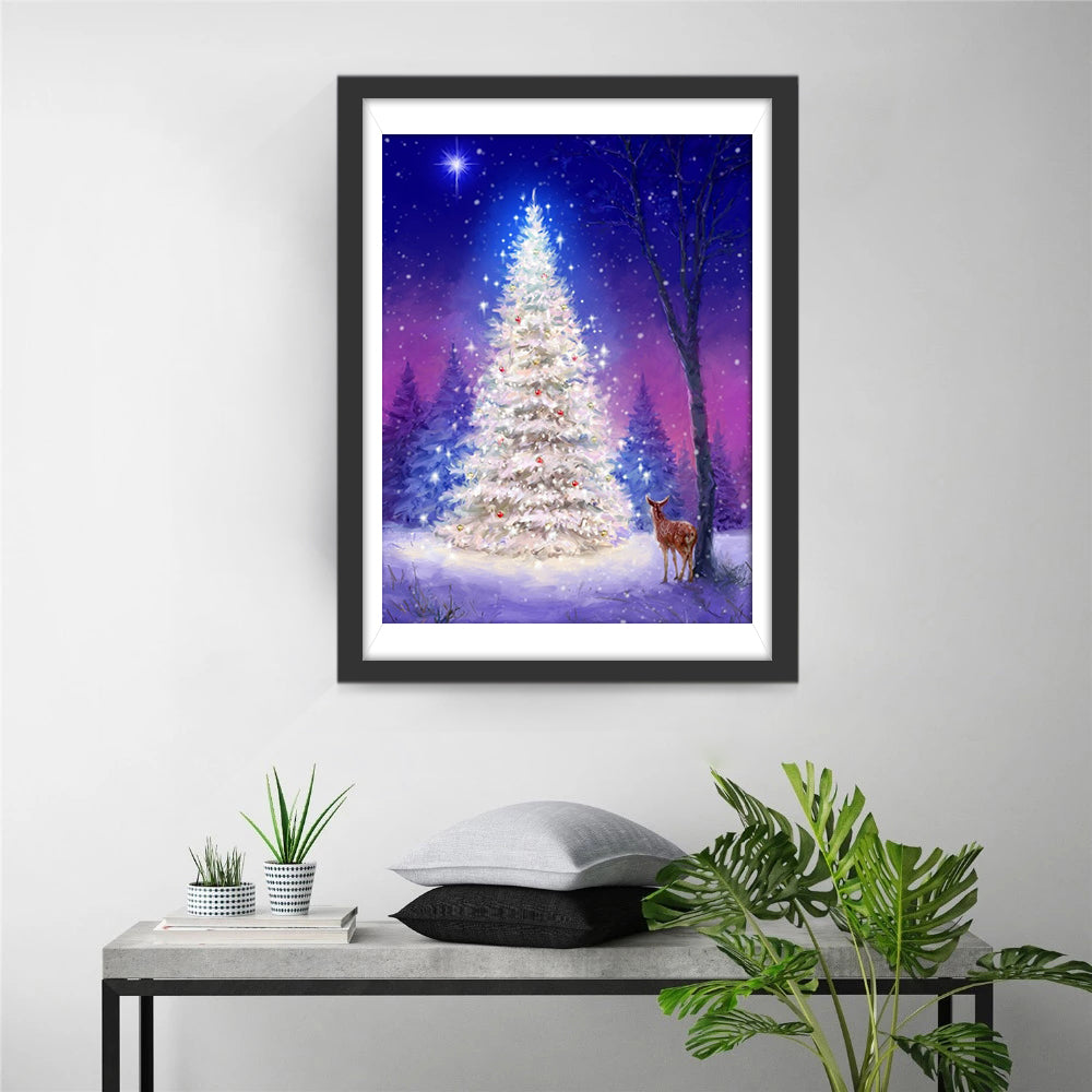 Sapin de Noël Blanc et Petit Cerf Broderie Diamant