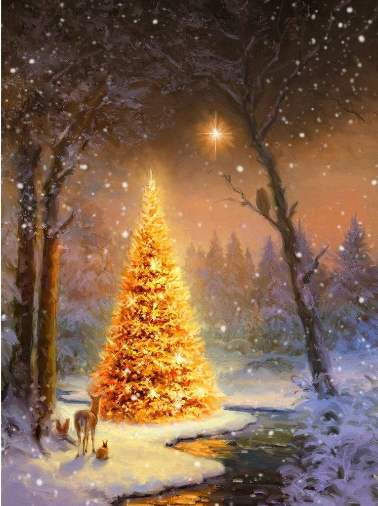 Sapin de Noël Doré et les Cerfs Broderie Diamant