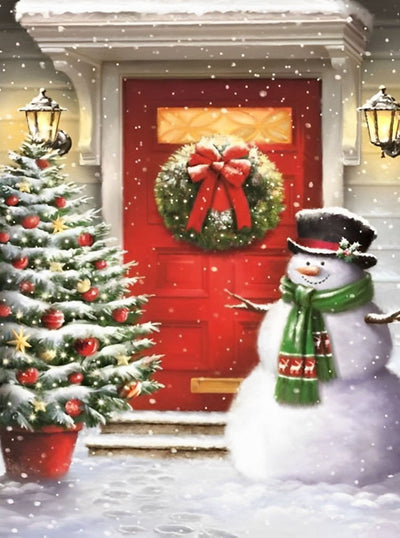 Sapin de Noël et Bonhomme de Neige à la Porte Broderie Diamant