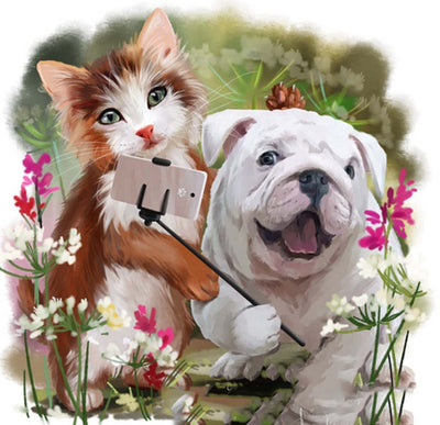 Selfie de Chiot et Chaton Broderie Diamant
