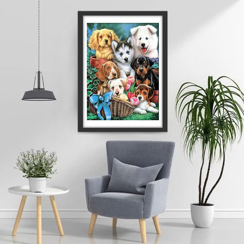 Sept Chiots et des Fleurs Broderie Diamant