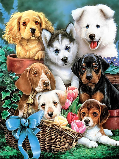 Sept Chiots et des Fleurs Broderie Diamant