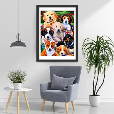Sept Chiots et Fleurs Broderie Diamant