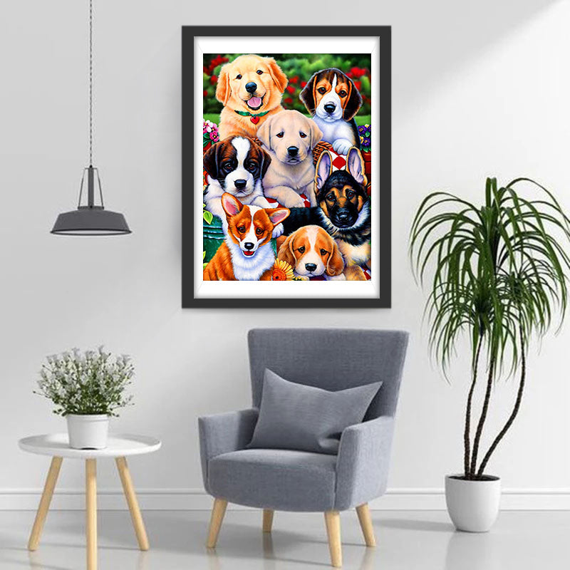 Sept Chiots et Fleurs Broderie Diamant