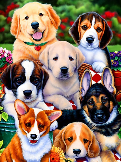 Sept Chiots et Fleurs Broderie Diamant