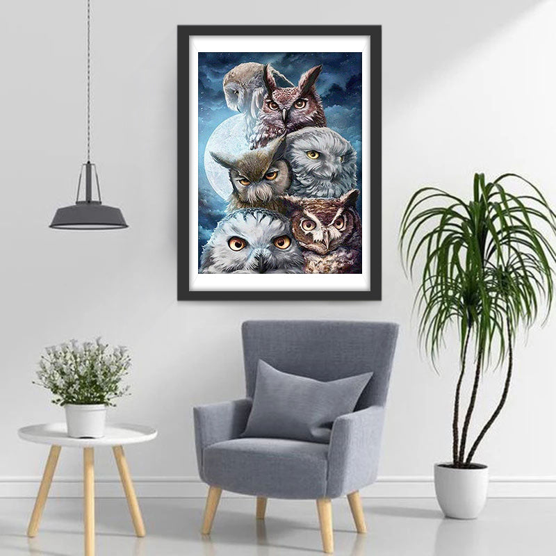 Six Hiboux sous la Lune Claire Broderie Diamant