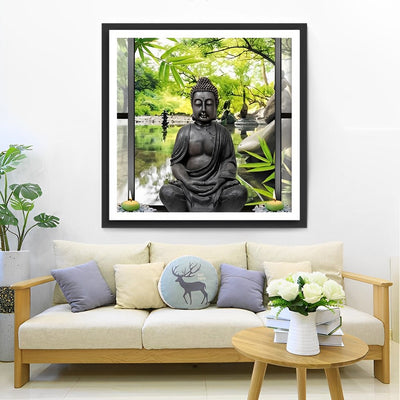 Statue Bouddhiste et Bambous Broderie Diamant
