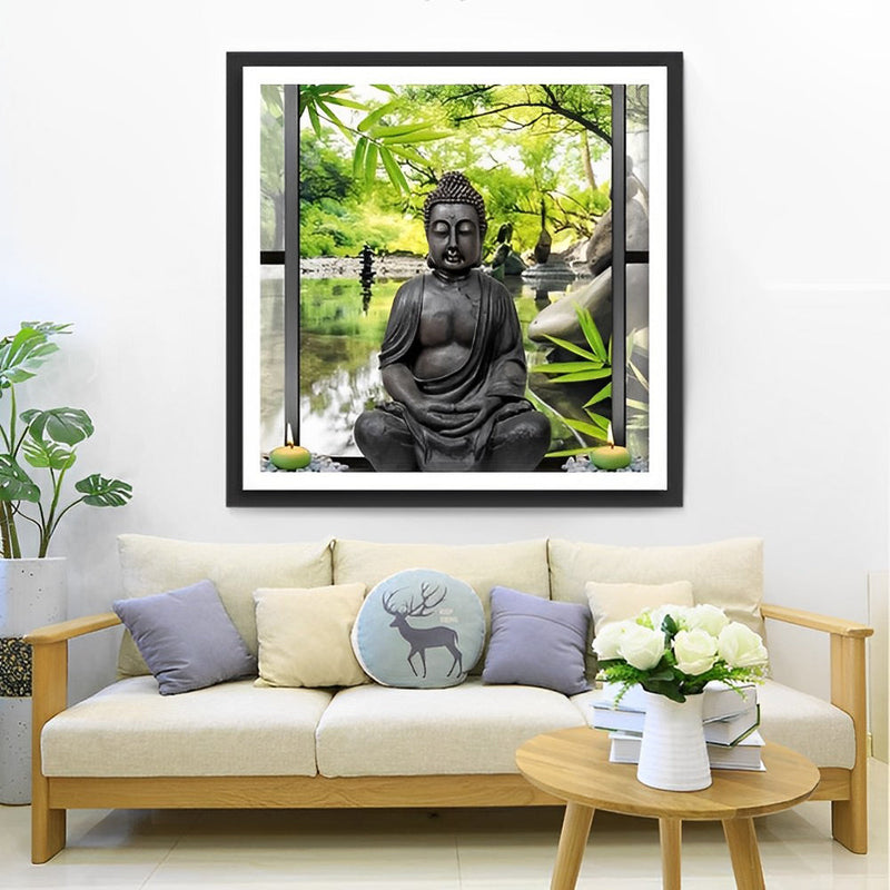 Statue Bouddhiste et Bambous Broderie Diamant