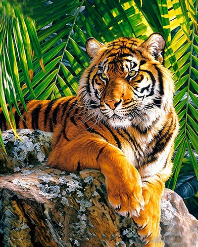 Tigre Allongé sur une Pierre Broderie Diamant