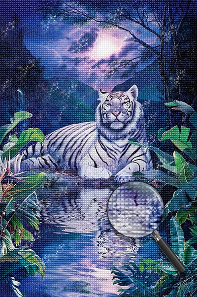 Tigre Blanc au Bord de l'Etang Broderie Diamant