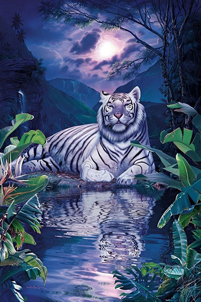 Tigre Blanc au Bord de l'Etang Broderie Diamant