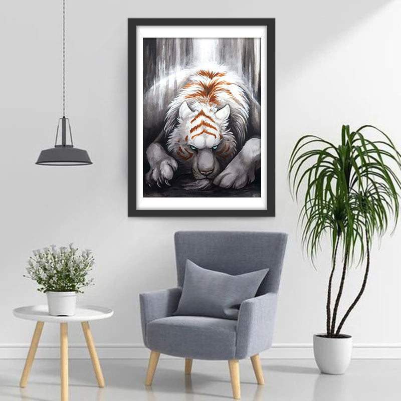 Tigre Blanc avec des Motif Oranges Broderie Diamant
