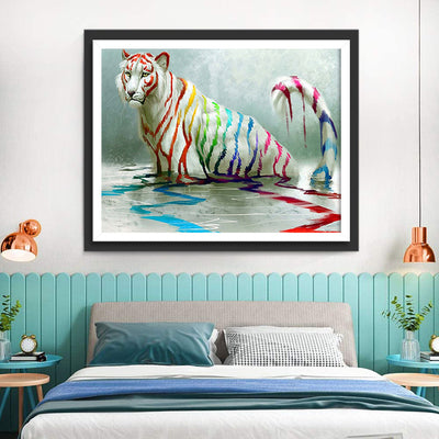 Tigre Blanc avec des Motifs d'Arc-en-Ciel Broderie Diamant