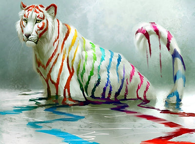 Tigre Blanc avec des Motifs d'Arc-en-Ciel Broderie Diamant
