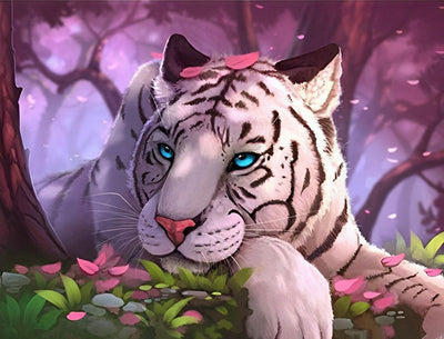 Tigre Blanc et des Fleurs Roses Broderie Diamant