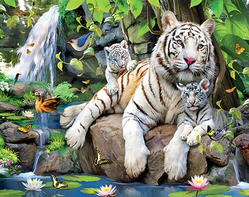 Tigre Blanc et Doré dans les Montagne Broderie Diamant