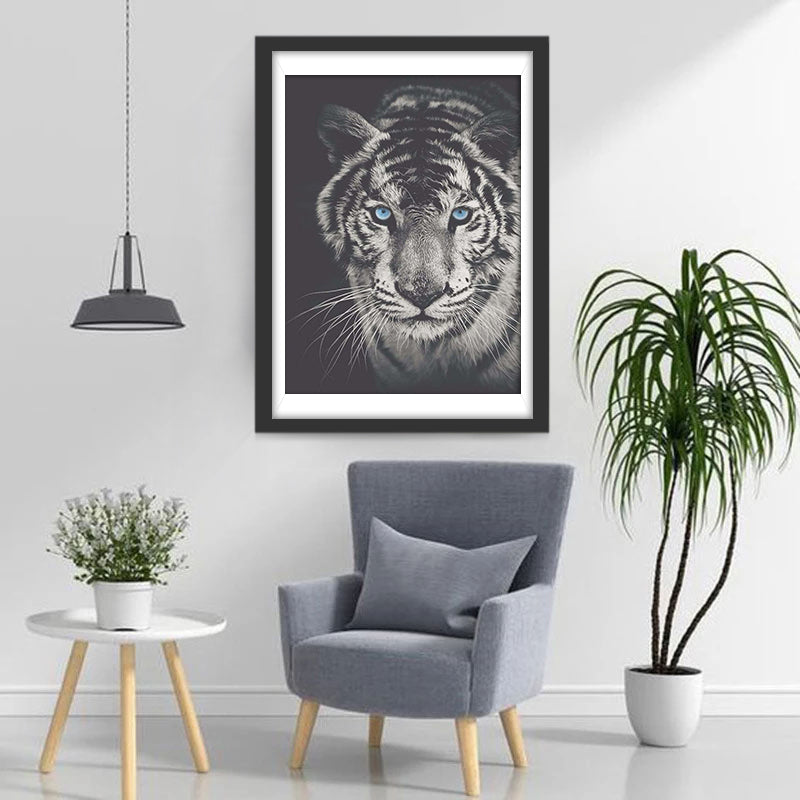 Tigre Blanc et Noir aux Yeux Bleus Broderie Diamant