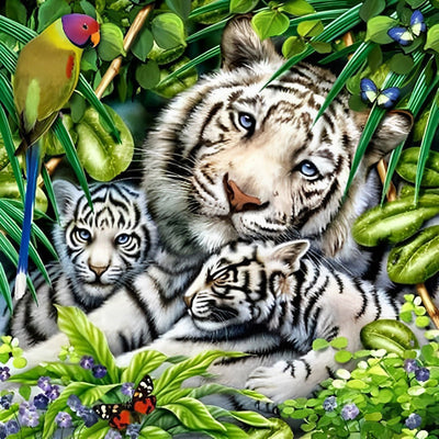 Tigre Blanc et Ses Deux Petits Tigres Broderie Diamant