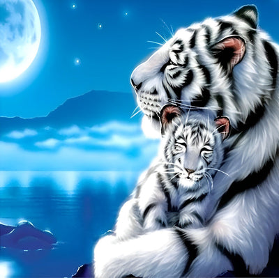 Tigre Blanc et Son Enfant sous la Lune Claire Broderie Diamant