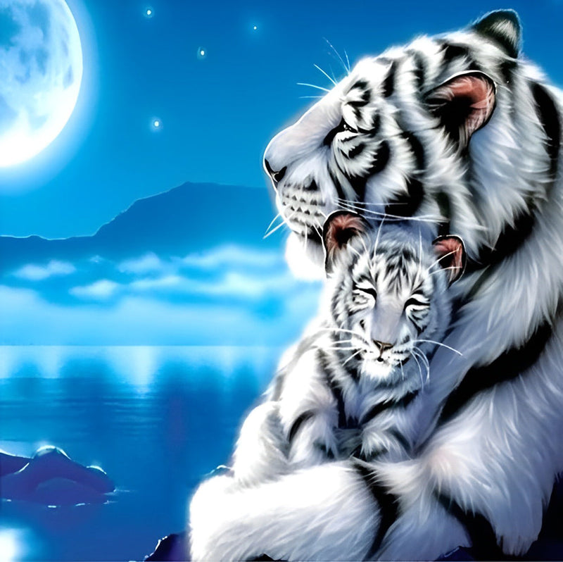 Tigre Blanc et Son Enfant sous la Lune Claire Broderie Diamant