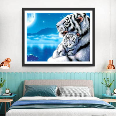 Tigre Blanc et son Petit Tigre Broderie Diamant