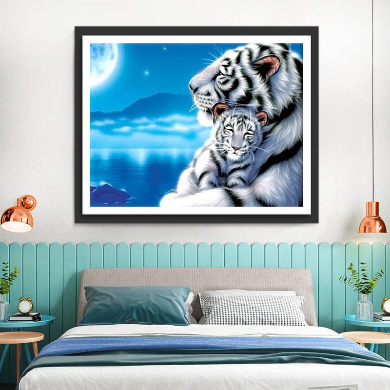 Tigre Blanc et son Petit Tigre Broderie Diamant