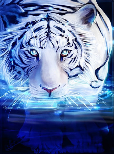 Tigre Blanc Imposant dans l'Eau Broderie Diamant