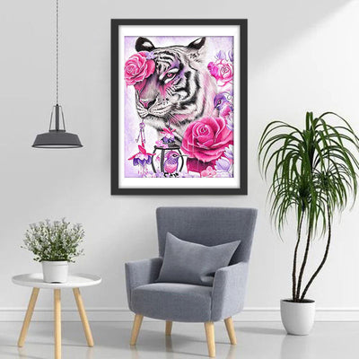 Tigre Blance et Roses Broderie Diamant