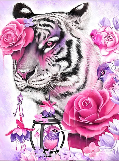 Tigre Blance et Roses Broderie Diamant