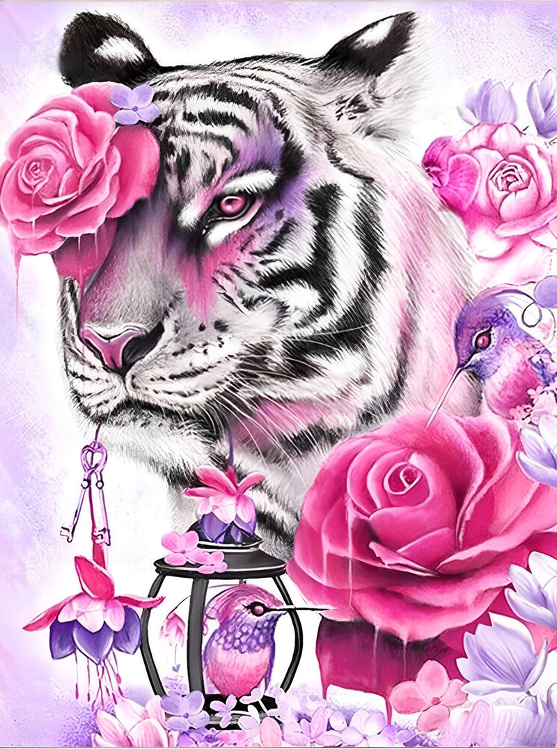 Tigre Blance et Roses Broderie Diamant