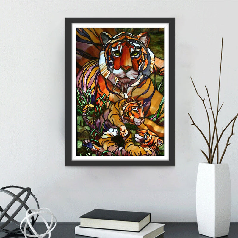 Tigre Coloré et Ses Enfants Broderie Diamant