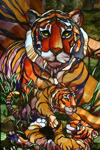 Tigre Coloré et Ses Enfants Broderie Diamant