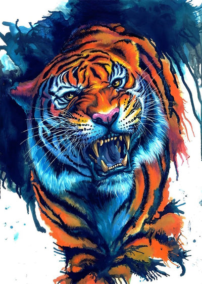 Tigre du Bengale Féroce Bleu Foncé Broderie Diamant