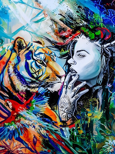 Tigre et Femme Colorés Broderie Diamant