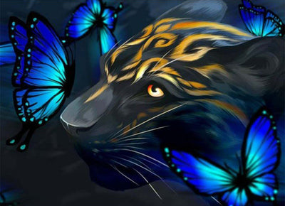 Tigre et Papillons Bleus Broderie Diamant