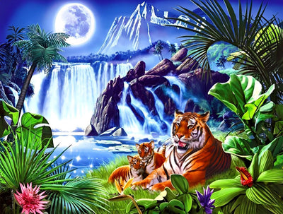 Tigre Famille sous la Lune Claire Broderie Diamant